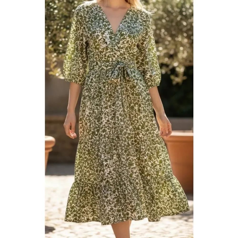 CAARA Green Floral Dress with Waist Sash Belt Women's Sz. S